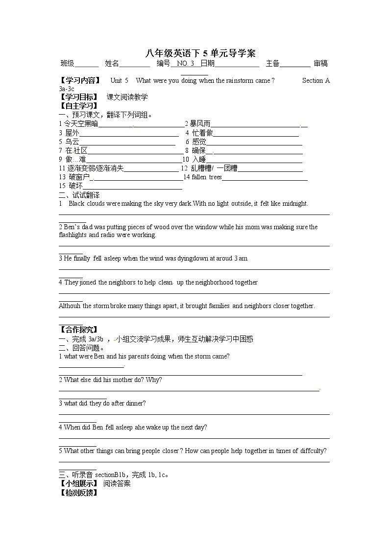 八年级英语下册《Unit 5 What were you doing when the rainstorm came》Section A 3a-3c导学案01