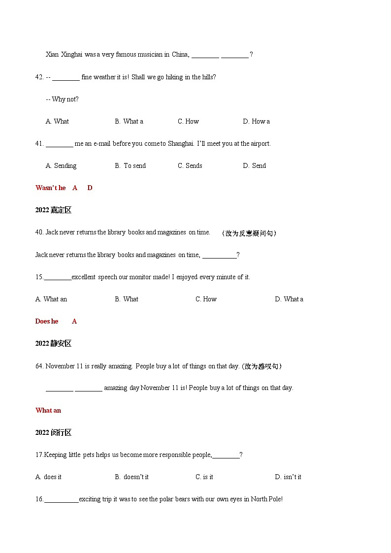 15-反义疑问句+感叹句+祈使句--上海2022年中考英语一模分类汇编 试卷02