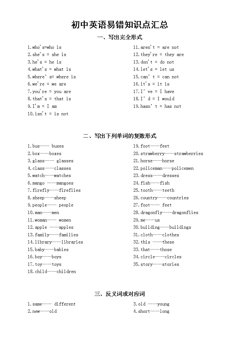 初中英语中考复习易错知识点汇总(共七大类)01