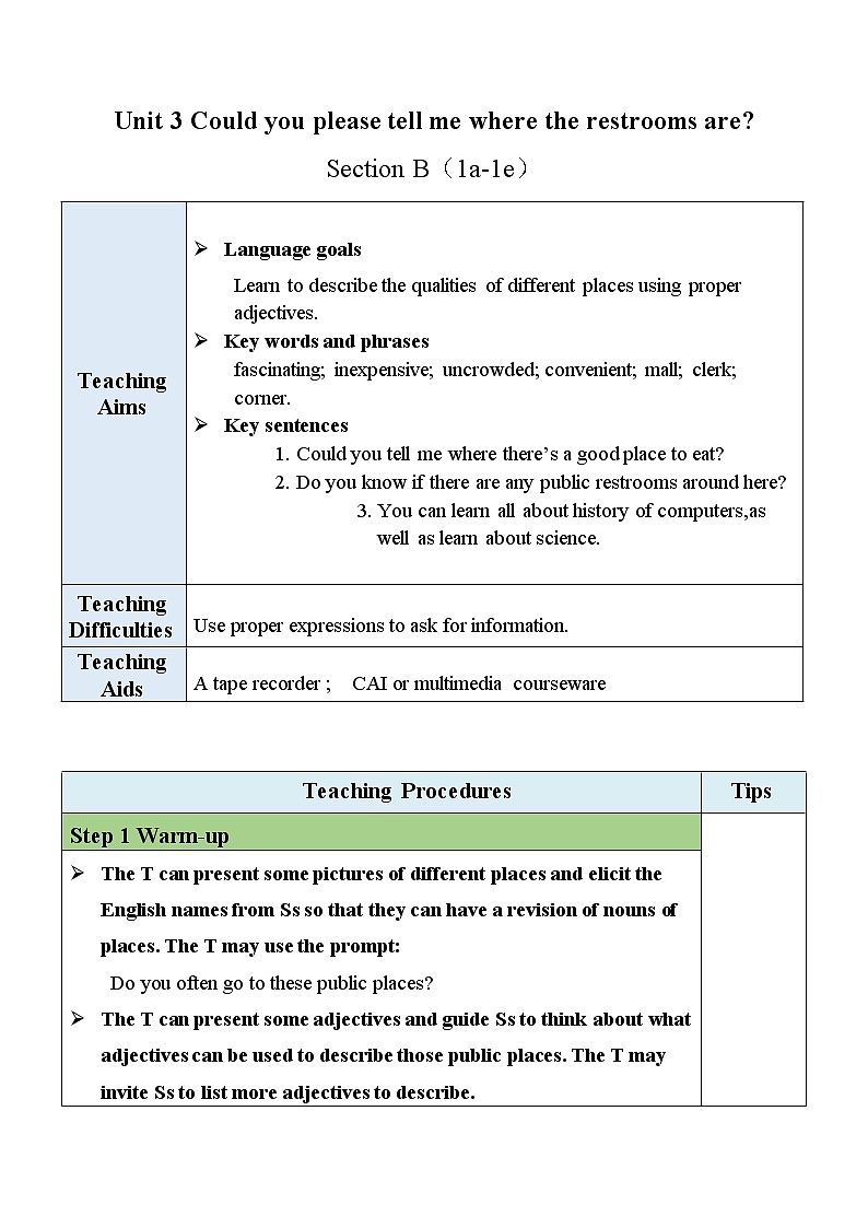 Unit 3 Section B(1a-1e)教案 第1页