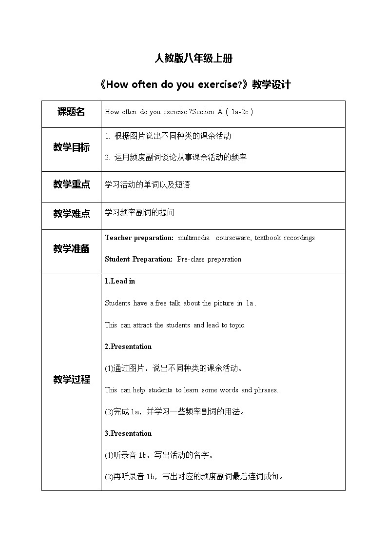 人教版新目标8上Unit 2 Section A(1a-2c)教案第1页