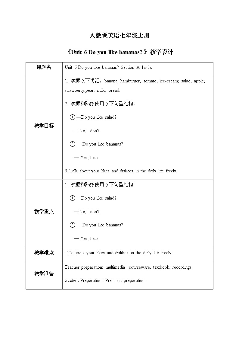 Unit 6 Do you like bananas Section A 1a-1c课件+教案+音视频01