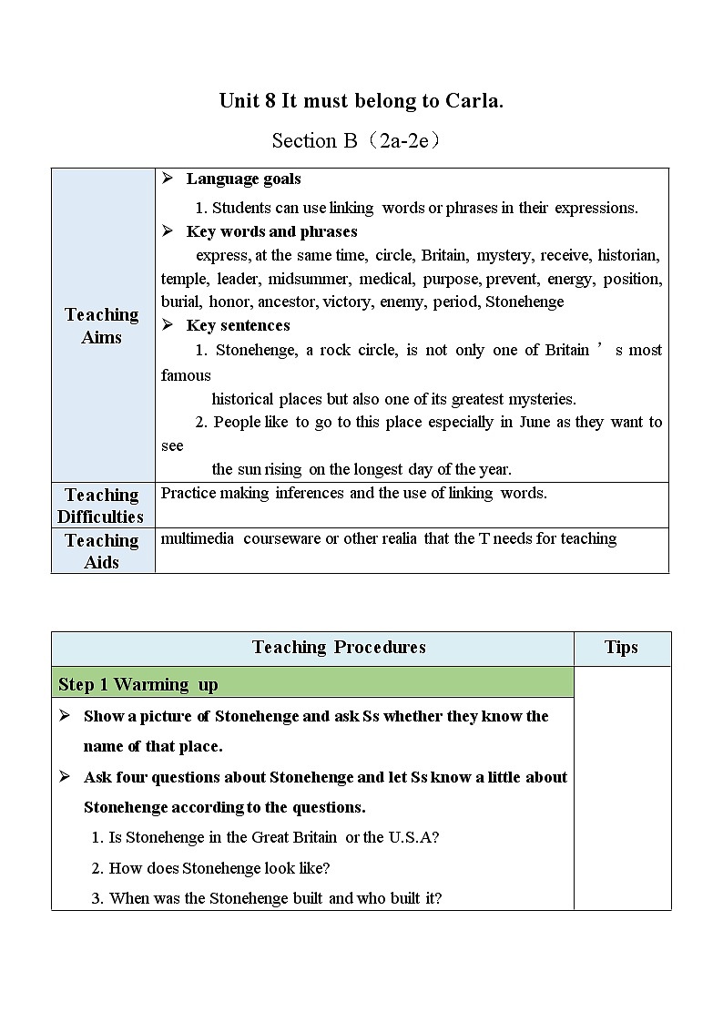 Unit 8 Section B(2a-2e)教案第1页