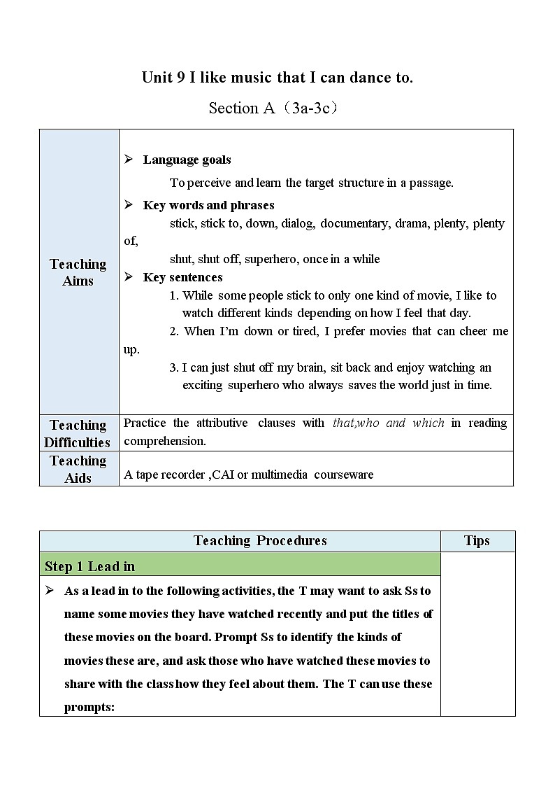 Unit 9 Section A(3a-3c)教案 第1页