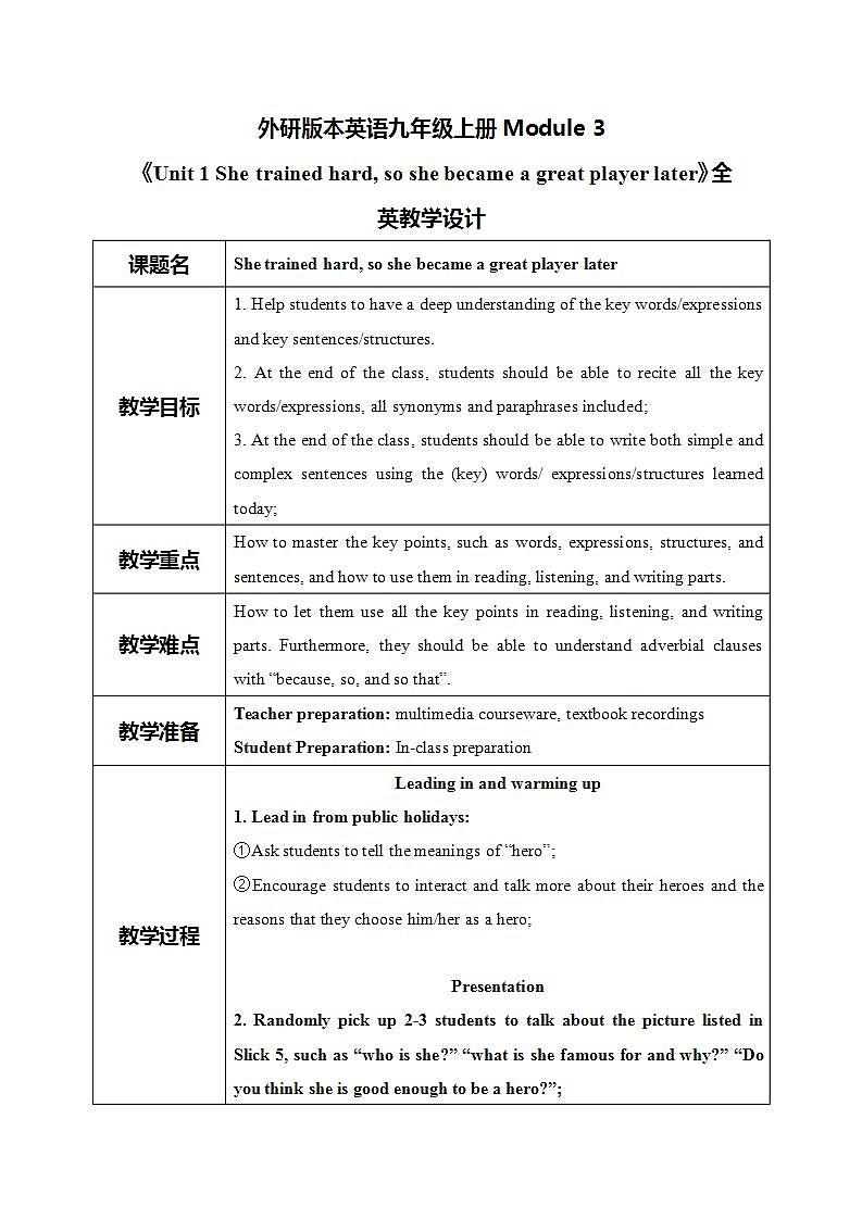 Module 3 Unit 1 She trained hard, so she became a great player later课件PPT+教案01