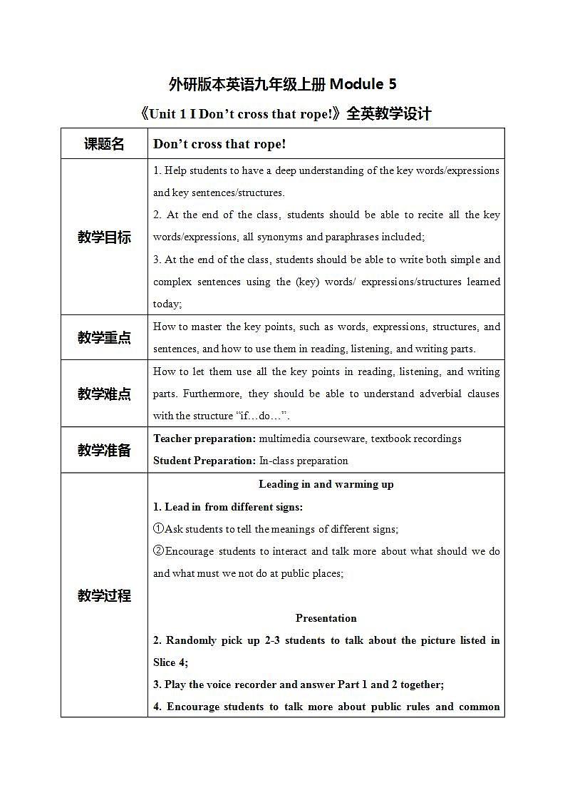 Module 5 Unit 1 Don’t cross that rope课件PPT+教案01