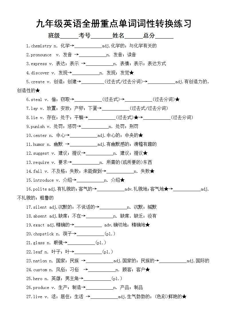 初中英語(yǔ)人教版九年級(jí)全冊(cè)重點(diǎn)單詞詞性轉(zhuǎn)換練習(xí)（附參考答案）第1頁(yè)