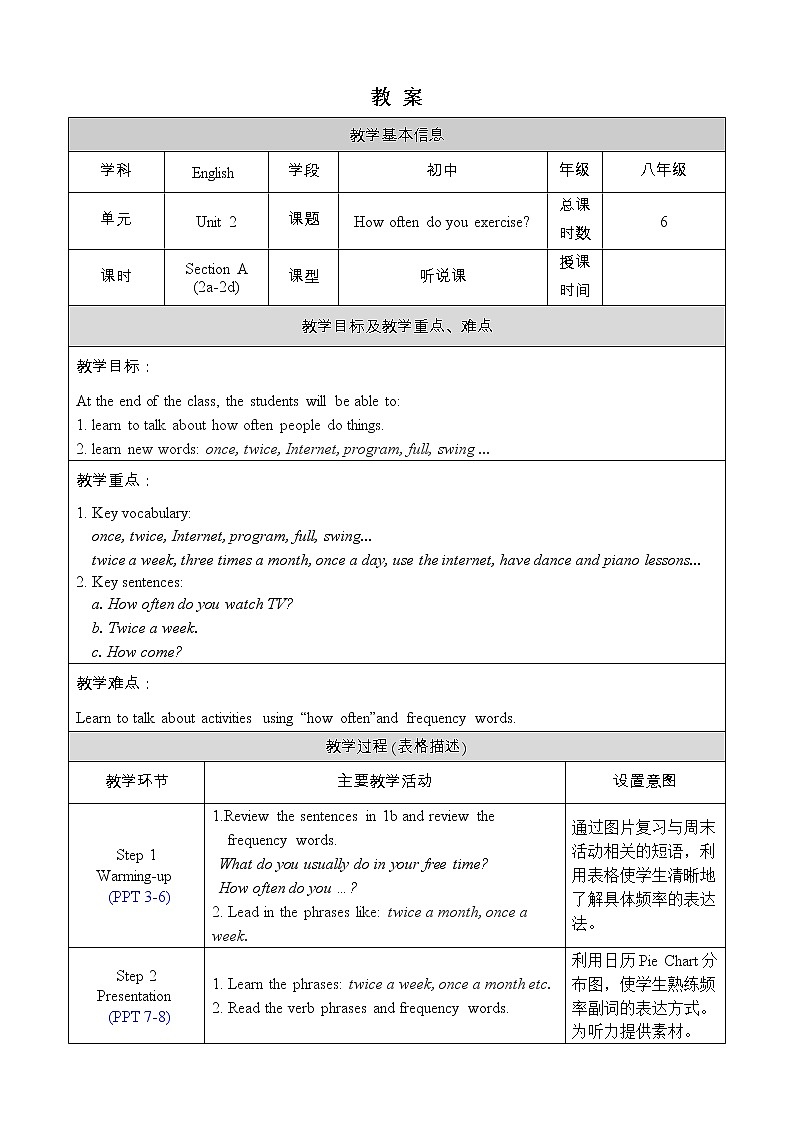 人教版八年级英语上册教案 Unit 2 Section A 2a-2d01