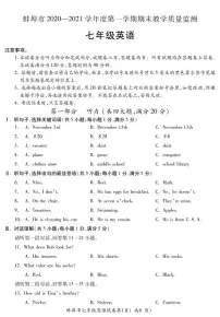 安徽省蚌埠市2020-2021学年七年级上学期期末教学质量监测英语试题(含答案)