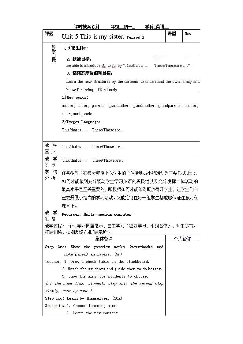 七年级英语上册教学设计:Unit5 第一课时01