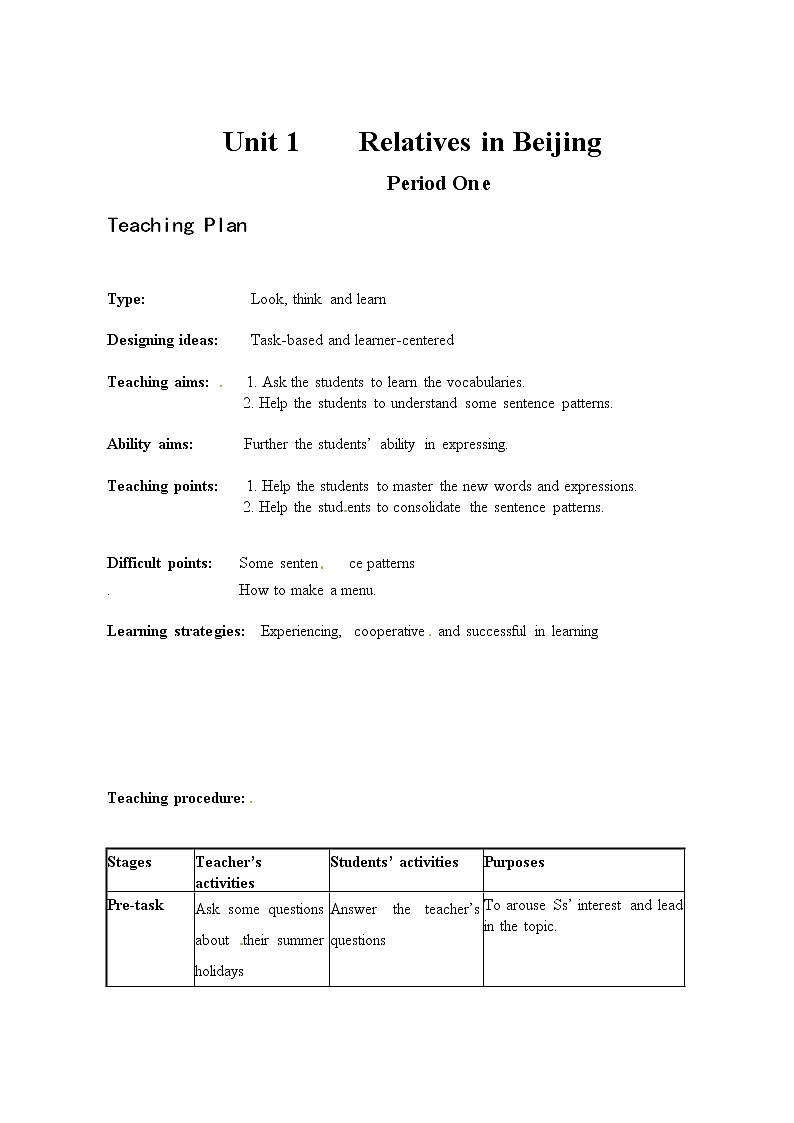 7AUnit 1 Relatives in Beijing period1教案第1页