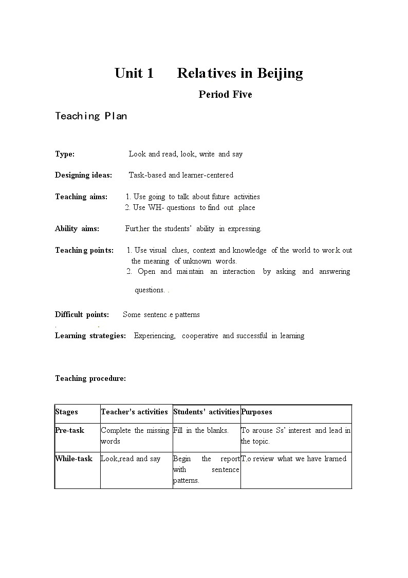 7AUnit 1 Relatives in Beijing period5教案第1页