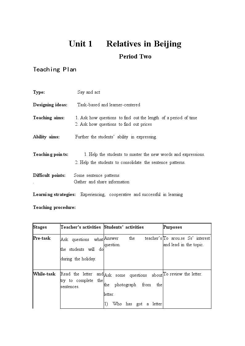 7AUnit 1 Relatives in Beijing period2教案第1页