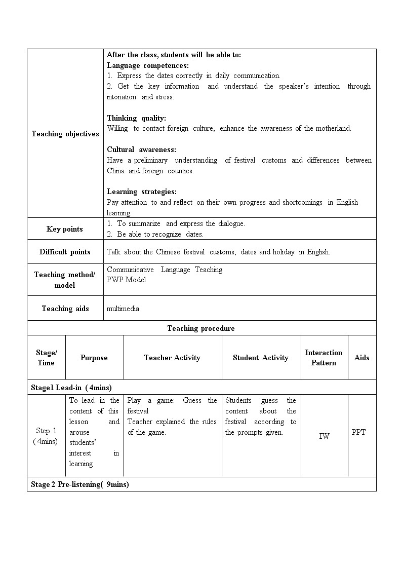 Unit 1 My family always go somewhere interesting as soon as the holiday begins 教案(表格式)02