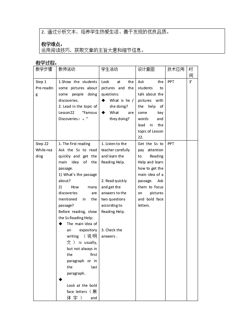 Unit 8 Discoveries Lesson 22 Famous Discoveries 教案(表格式)02