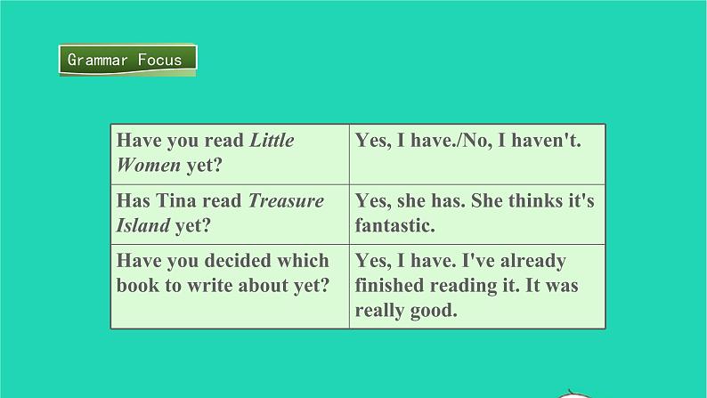 英语人教版八年级下册同步教学课件unit 8 have you read treasure island yet a(grammarfocus-4c)07