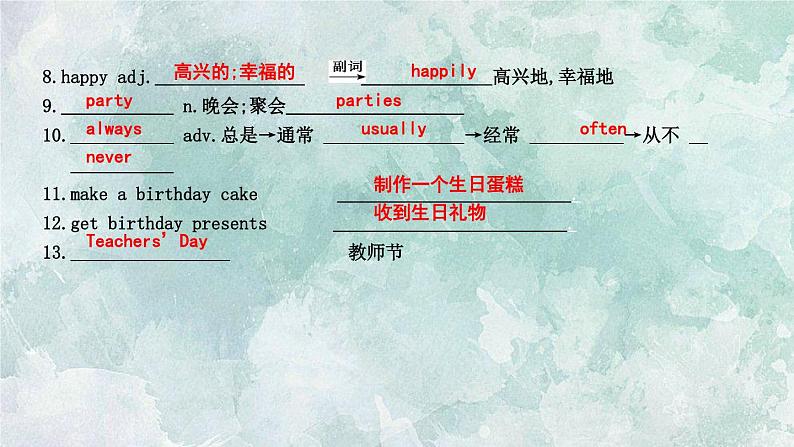 英语外研版七年级上册同步教学课件module 8unit 1 i always like birthday parties02