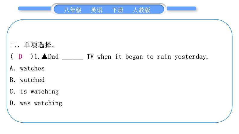 人教版八年级英语下Unit  5 What were you doing when the rainstorm came 第1课时 Section A (1a-2d)习题课件07