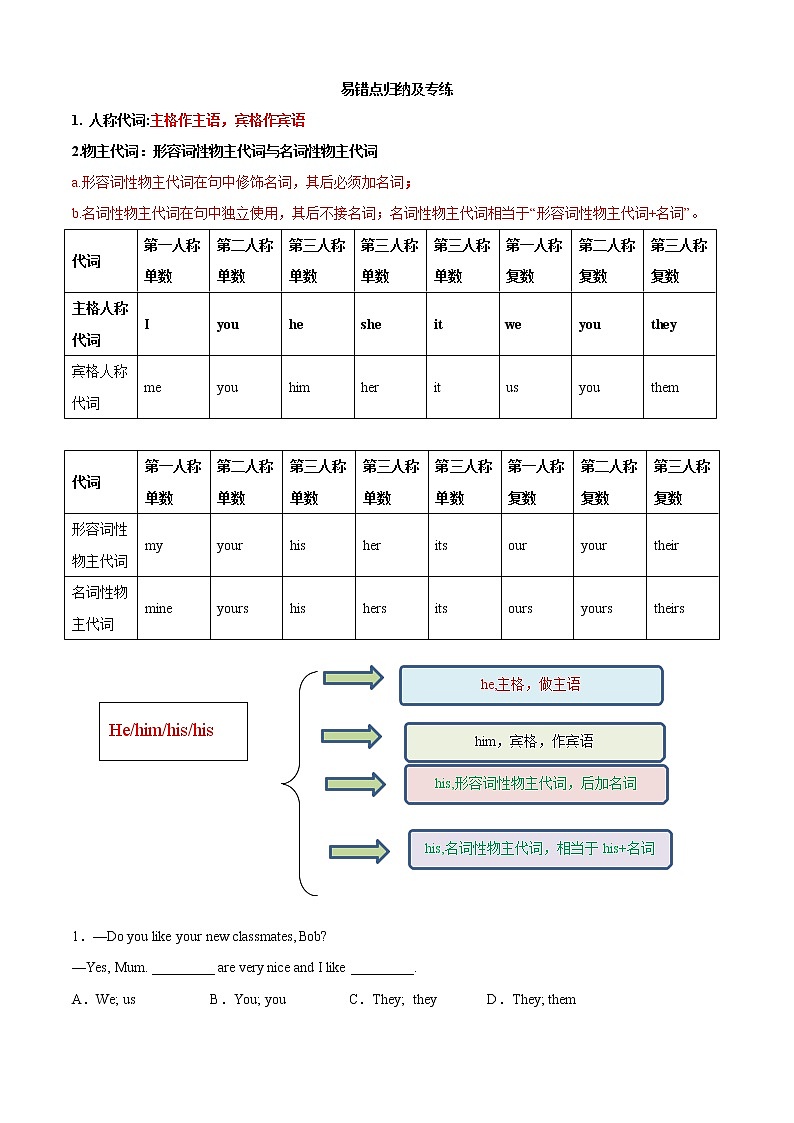 专题05 易错点归纳及专练-2022-2023学年七年级英语上学期期中考点大串讲(人教版)(原卷版)第1页