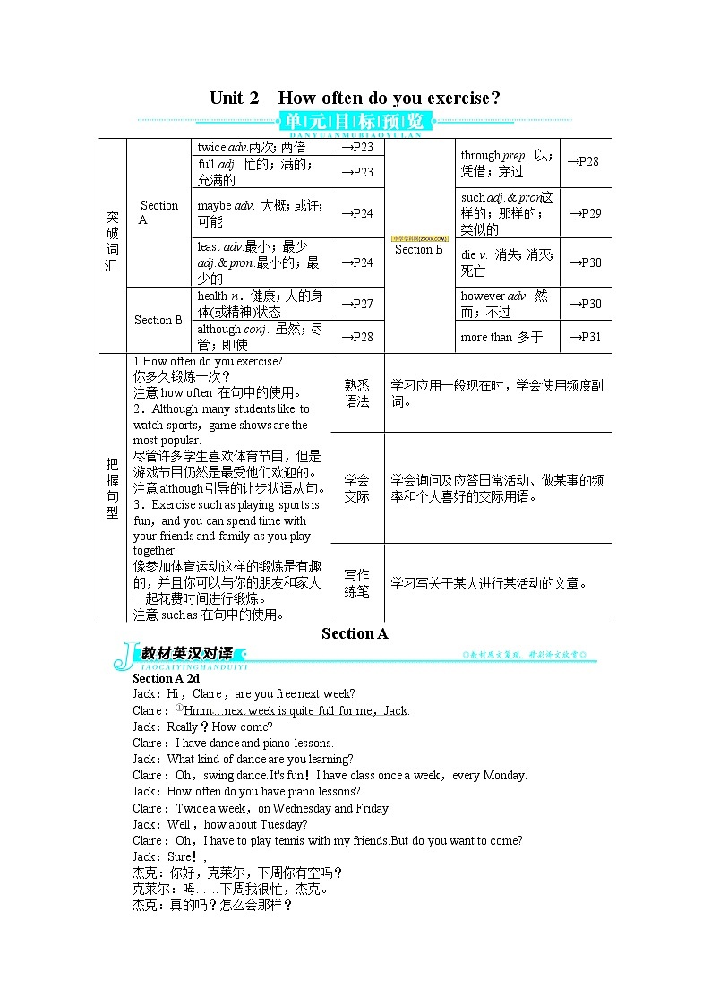 八年级英语人教版上册例题与讲解:Unit2HowoftendoyouexerciseSectionA01