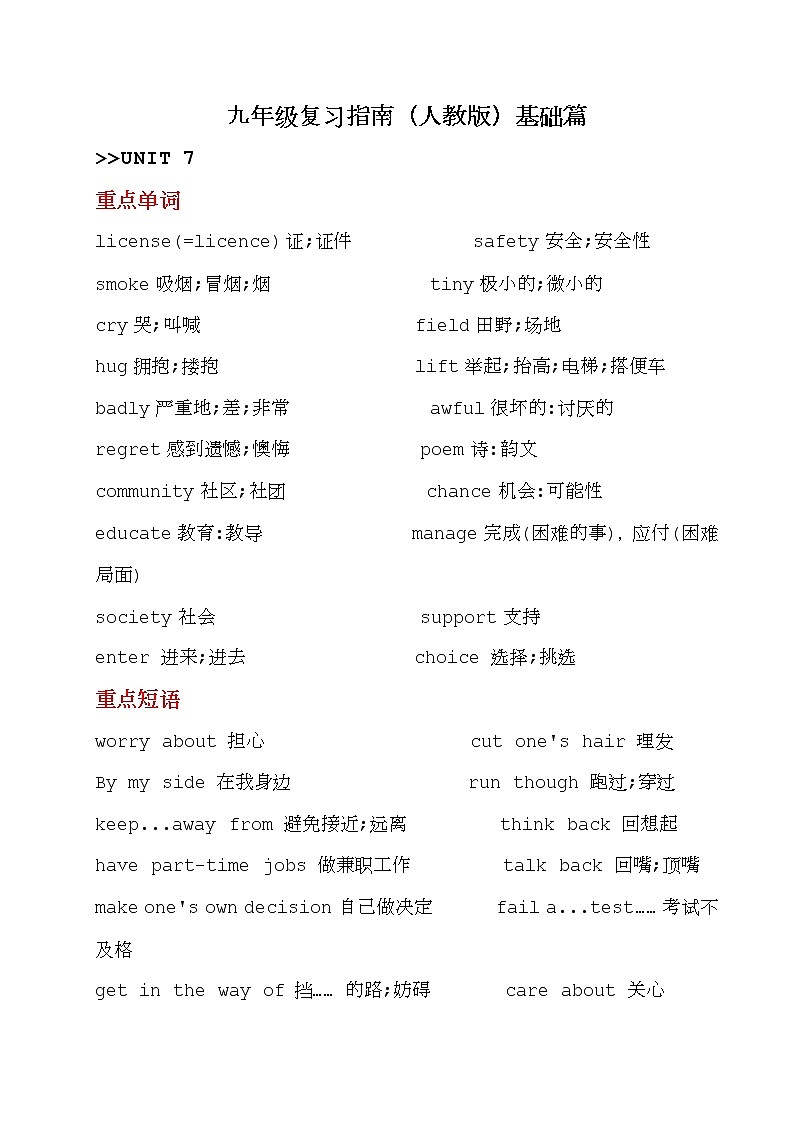 九年级复习指南(人教版)基础篇Unit7单元重点知识第1页