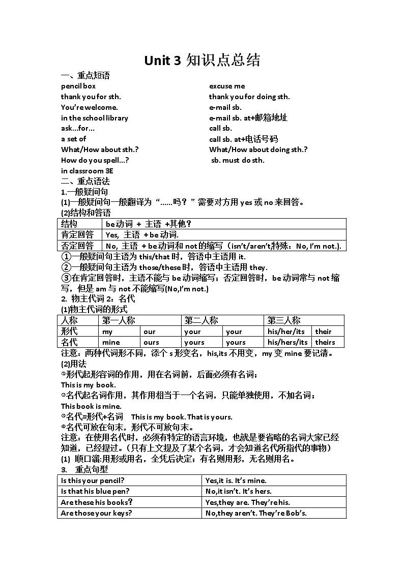Unit 3 知识点总结试题(无答案)2022-2023学年人教版英语七年级上册第1页