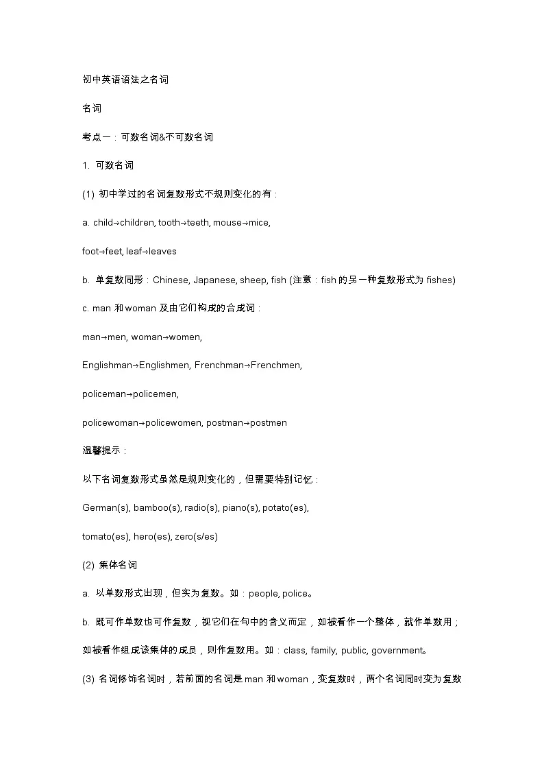 中考一轮复习初中英语语法之名词第1页