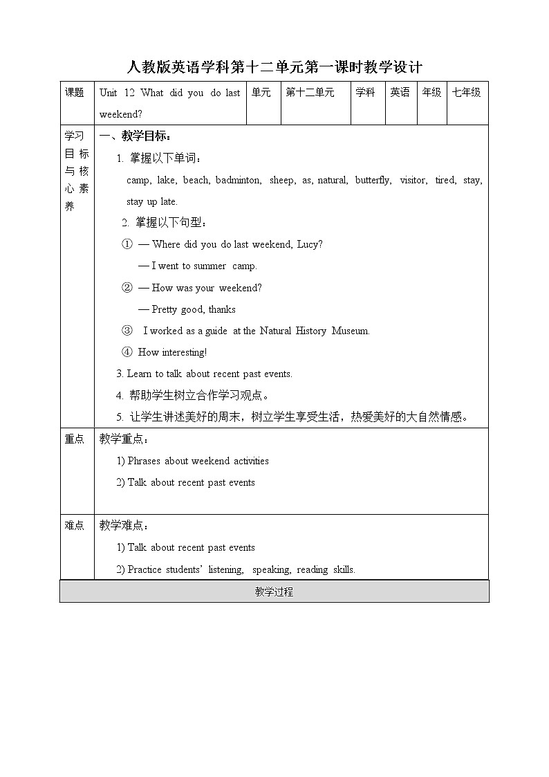 Unit 12 What did you do last weekend.SectionA(1a-2d)教案第1页