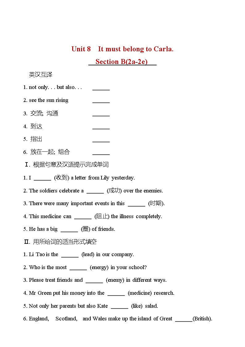 Unit 8 It must belong to Carla. Section B(2a-2e) 同步练习 (学生版) 2022-2023 人教版英语 九年级全册第1页