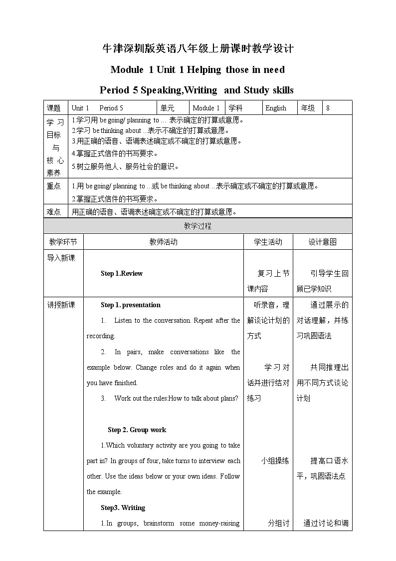 Module 1 Unit 1 Helping those in need Period 5 Speaking,Writing and Study skills课件+教案+导学案+同步练习01