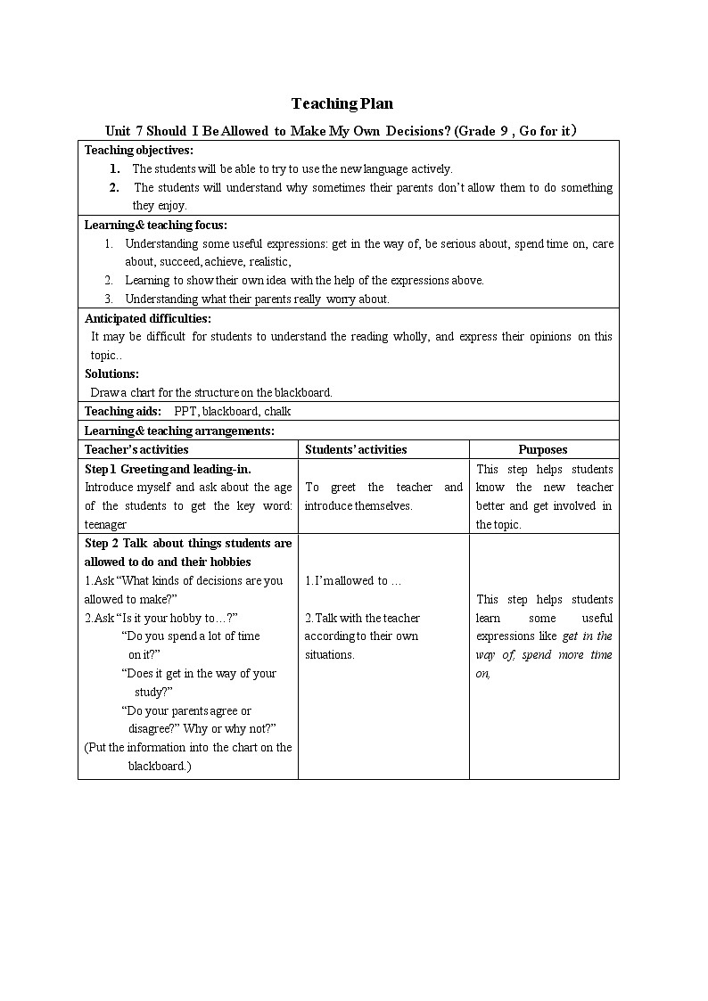 9年级人教版全一册 Unit7 Teenagers should be allowed to choose their own clothes Section B 教案01