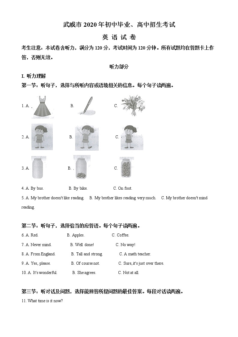 初中英语中考复习 精品解析:甘肃省武威市2020年中考英语试题(原卷版)第1页