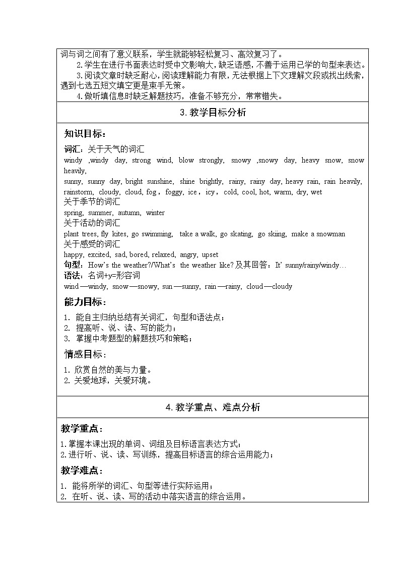 9年级英语人教全一册 ”weather“话题复习 教案第2页