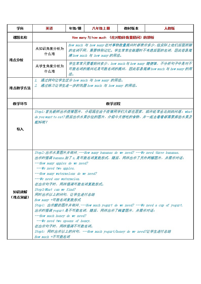 八年級(jí)上冊(cè)英語(yǔ) how much 與 how many 的用法辨析  教案第1頁(yè)