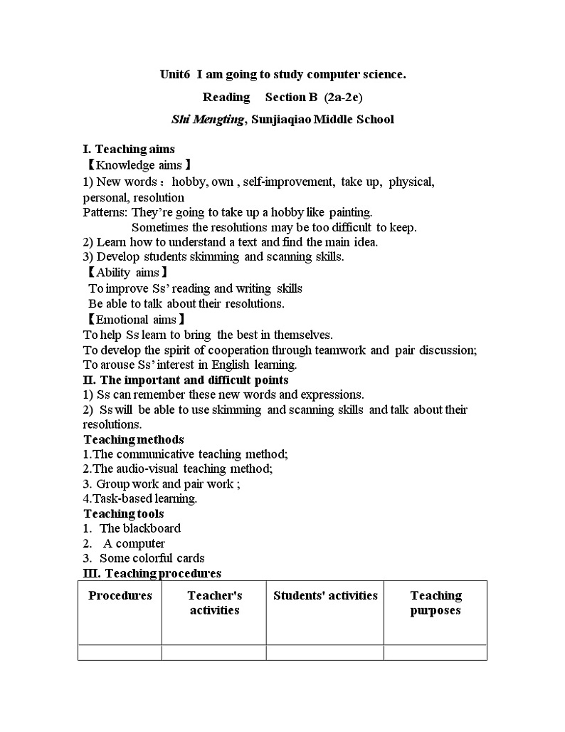 八年级上册英语 Unit 6 I 'm going to study computer science. Section B 教案6第1页