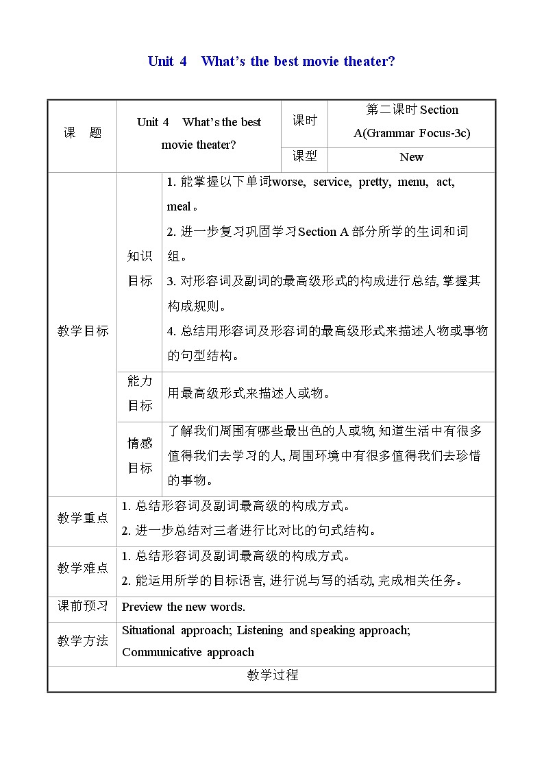 八年级上册英语 Unit 4 What’s the best movie theater?Section A 教案5第1页
