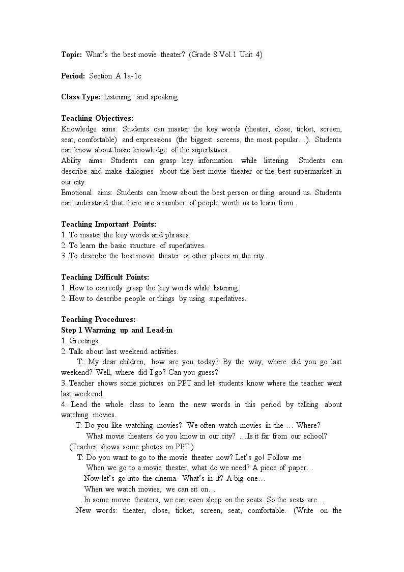 八年级上册英语 Unit 4 What’s the best movie theater?Section A 教案601