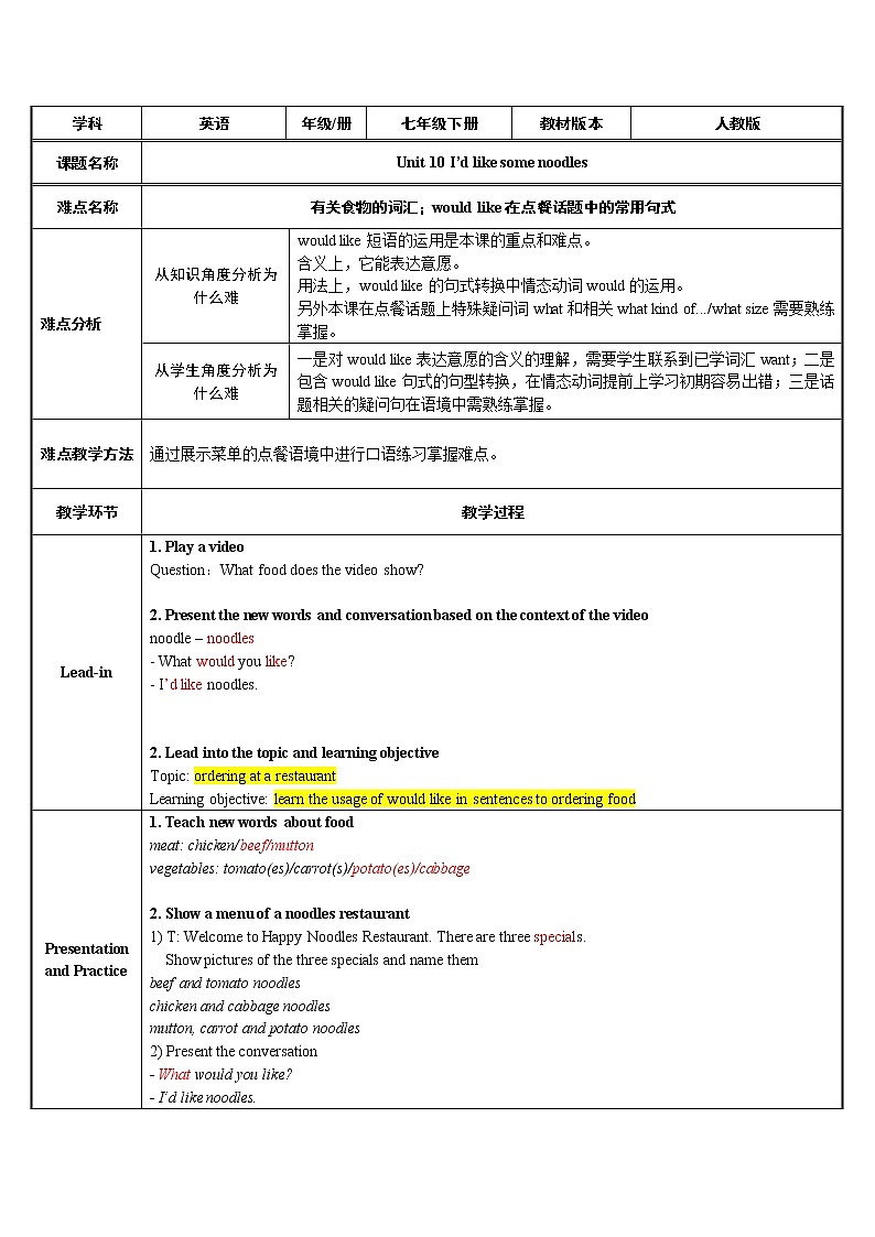 七年级下册英语 Unit 10 I’d like the noodles. 教案3第1页