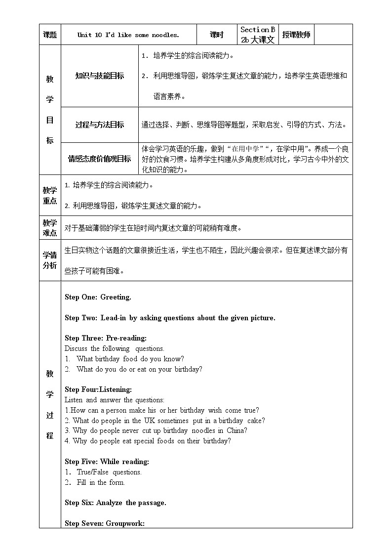 七年级下册英语 Unit 10 I’d like the noodles. Section B 教案401