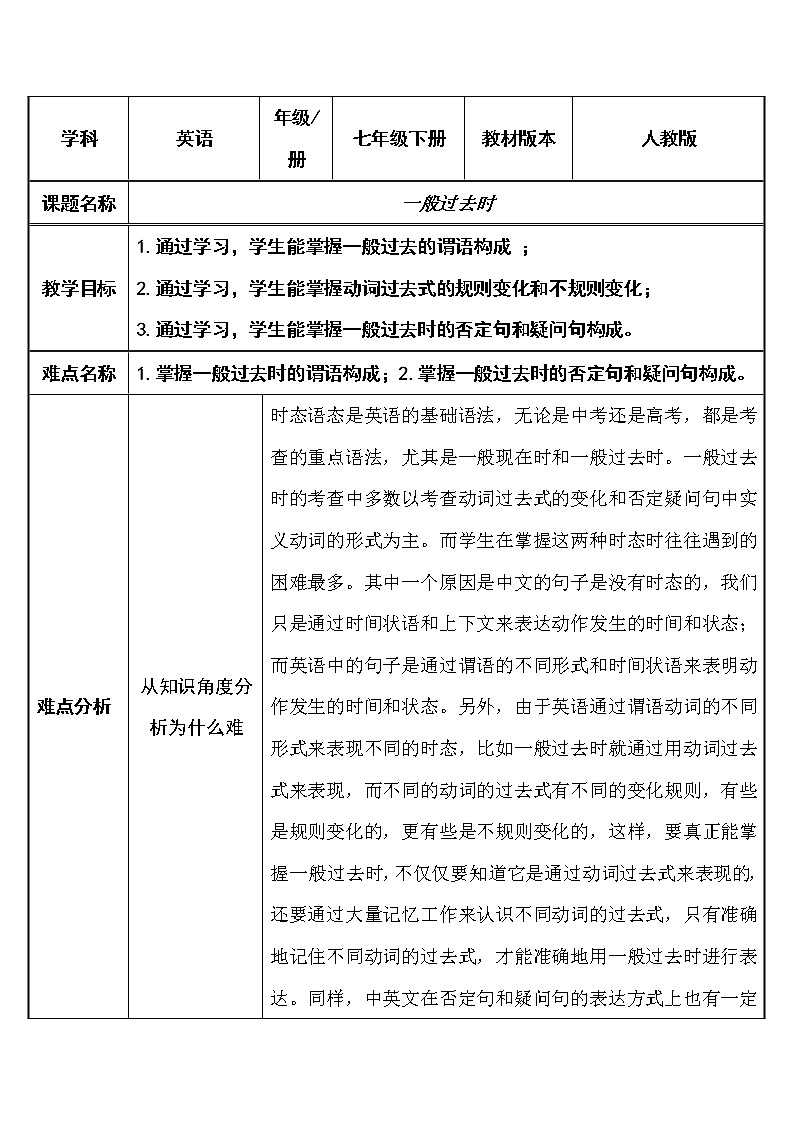 七年级下册英语 一般过去时 教案第1页