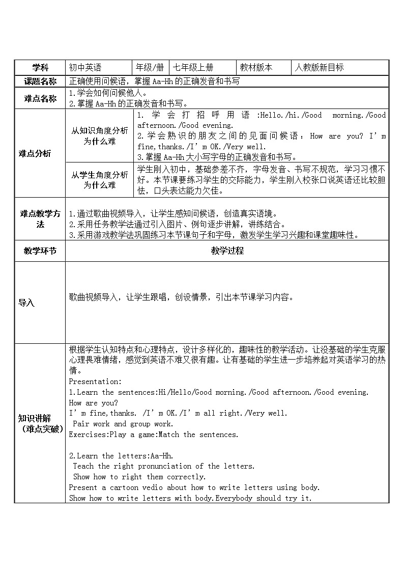 七年级上册英语 Aa-Hh的正确发音和书写 教案第1页