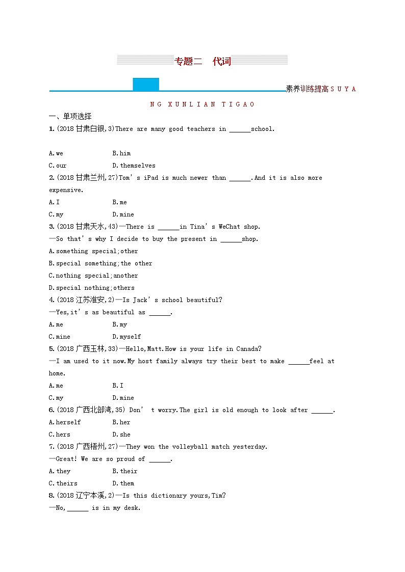 初中英语中考复习 中考英语总复习专题二代词试题第1页