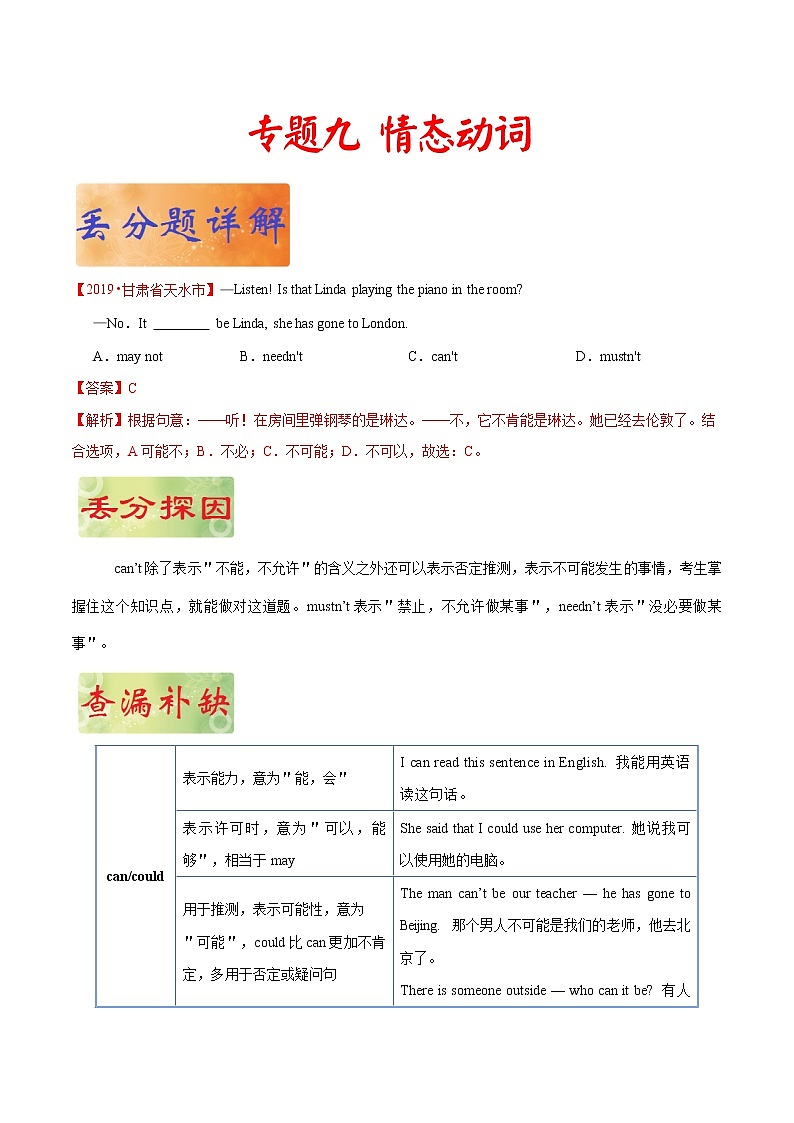初中英语中考复习 专题 09 情态动词——《破解2020年中考英语之易错易混点丢分题》(解析版)第1页