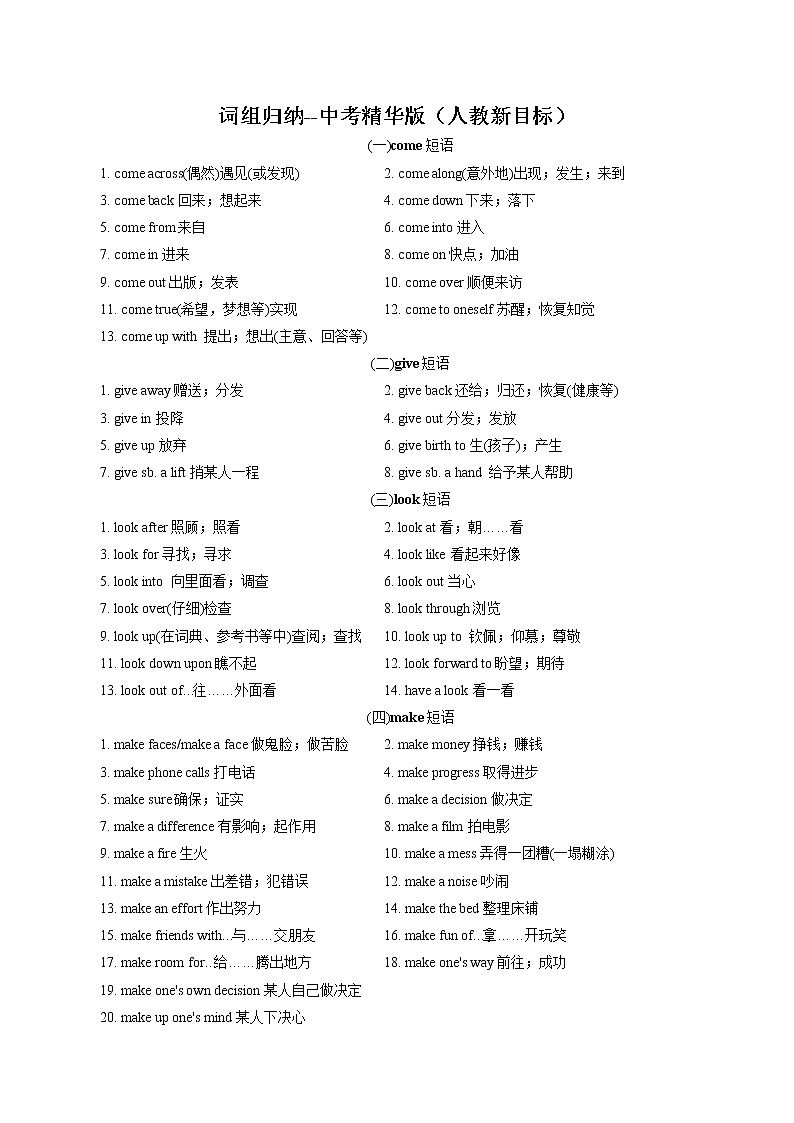 初中英语中考复习 专题03 词组归纳(记忆版)第1页