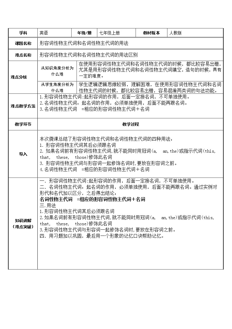 七年级上册英语  形容词性的物主代词和名词性的物主代词的用法      教案01