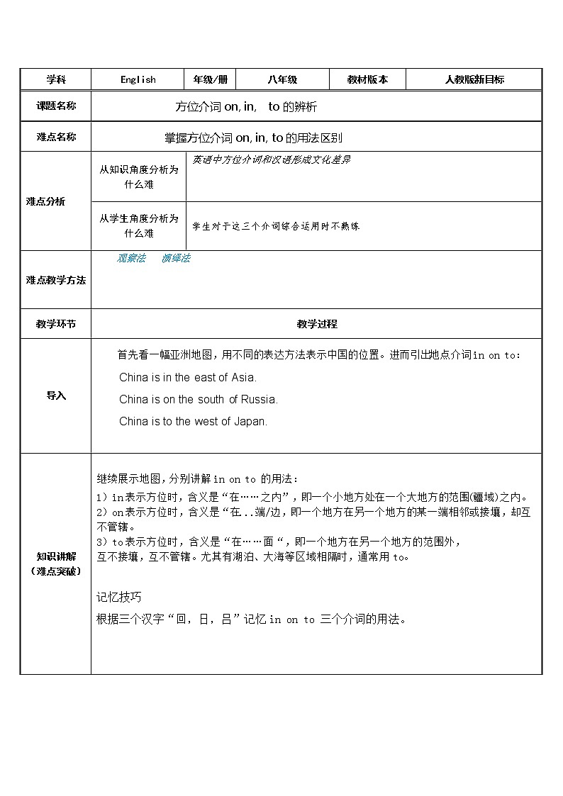 7年级上册英语人教版 方位介词in on under的辨析 教案第1页