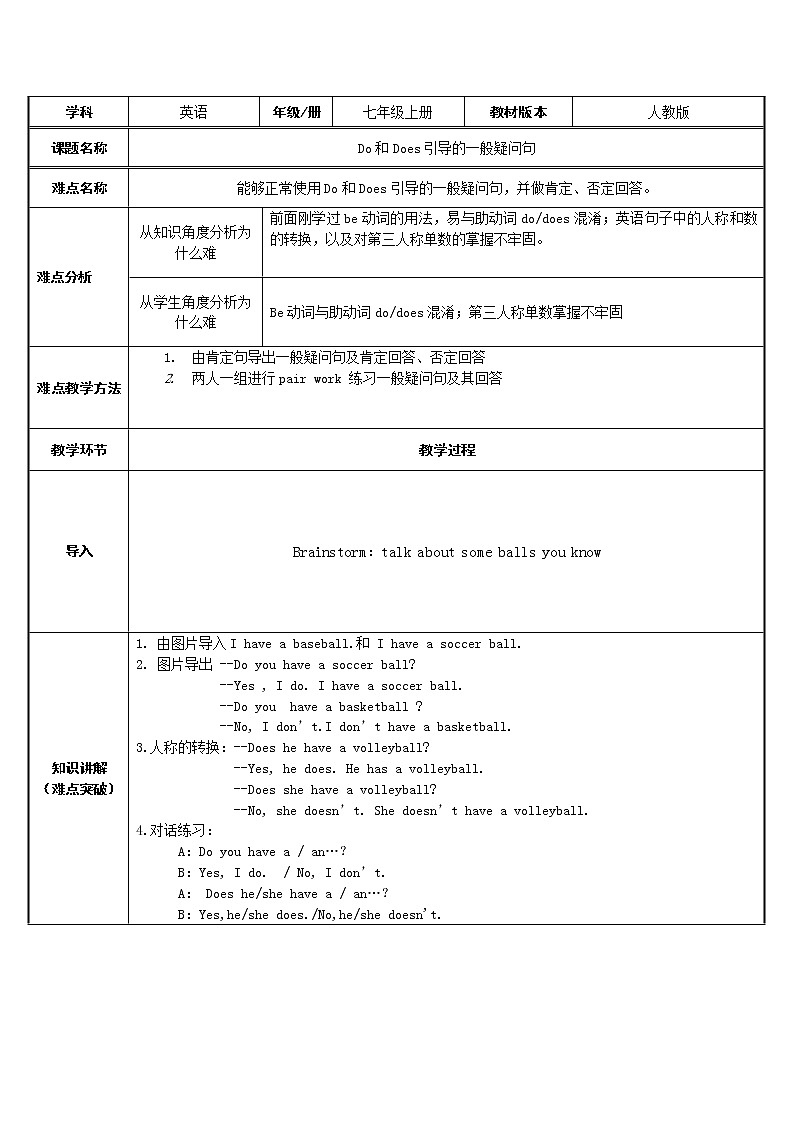 7年级上册英语人教版 Do和Does引导的一般疑问句 教案01