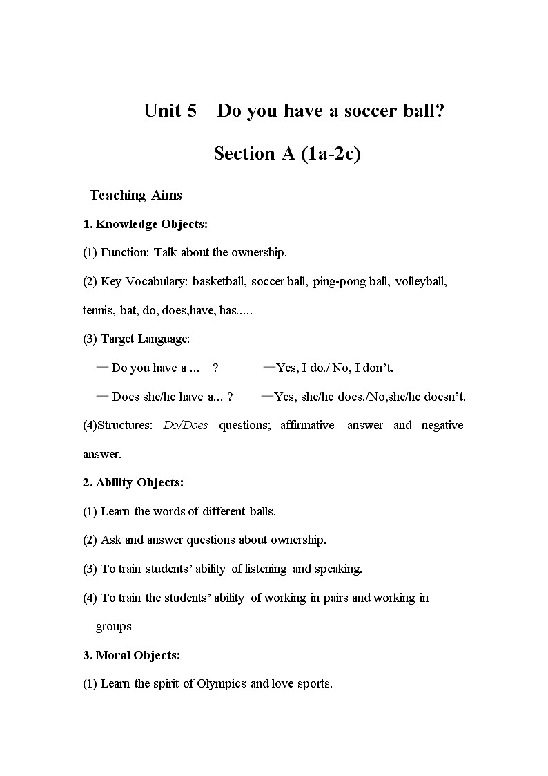 7年级上册英语人教版 Unit 5 Do you have a soccer ball?Section A 教案15第1页