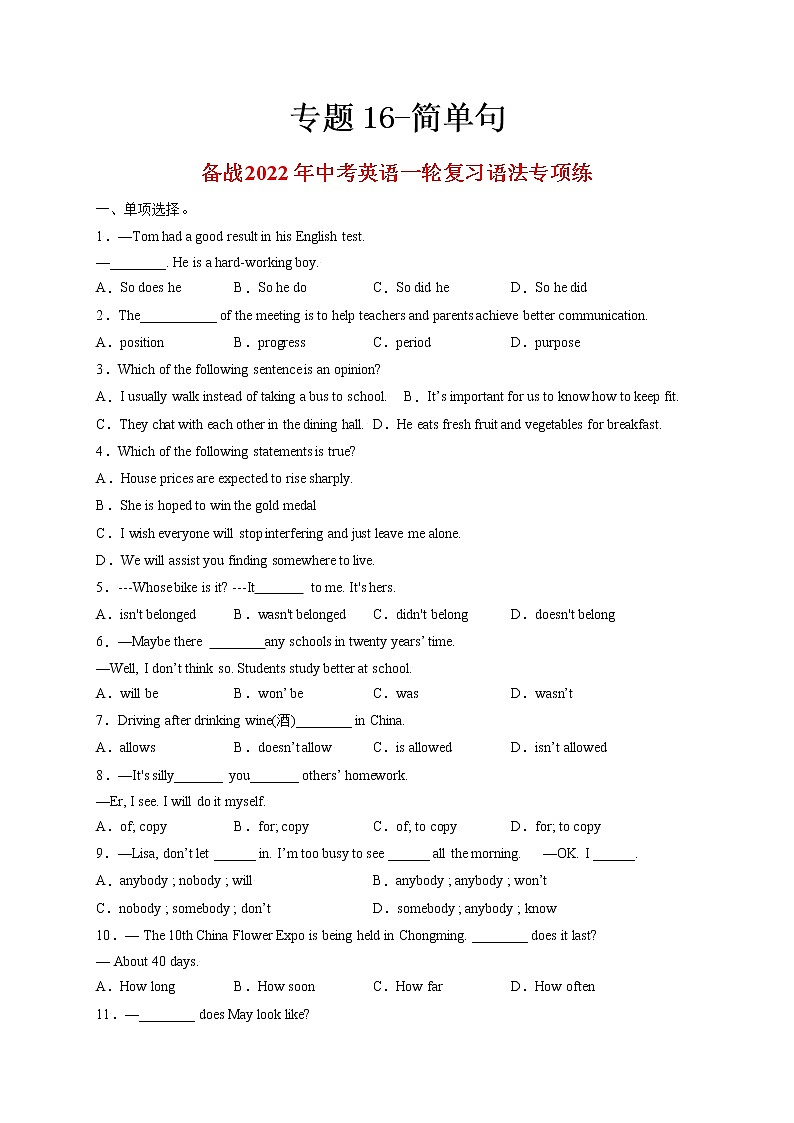专题16-简单句-备战 中考英语一轮复习语法专项练(全国通用版)(原卷版)第1页