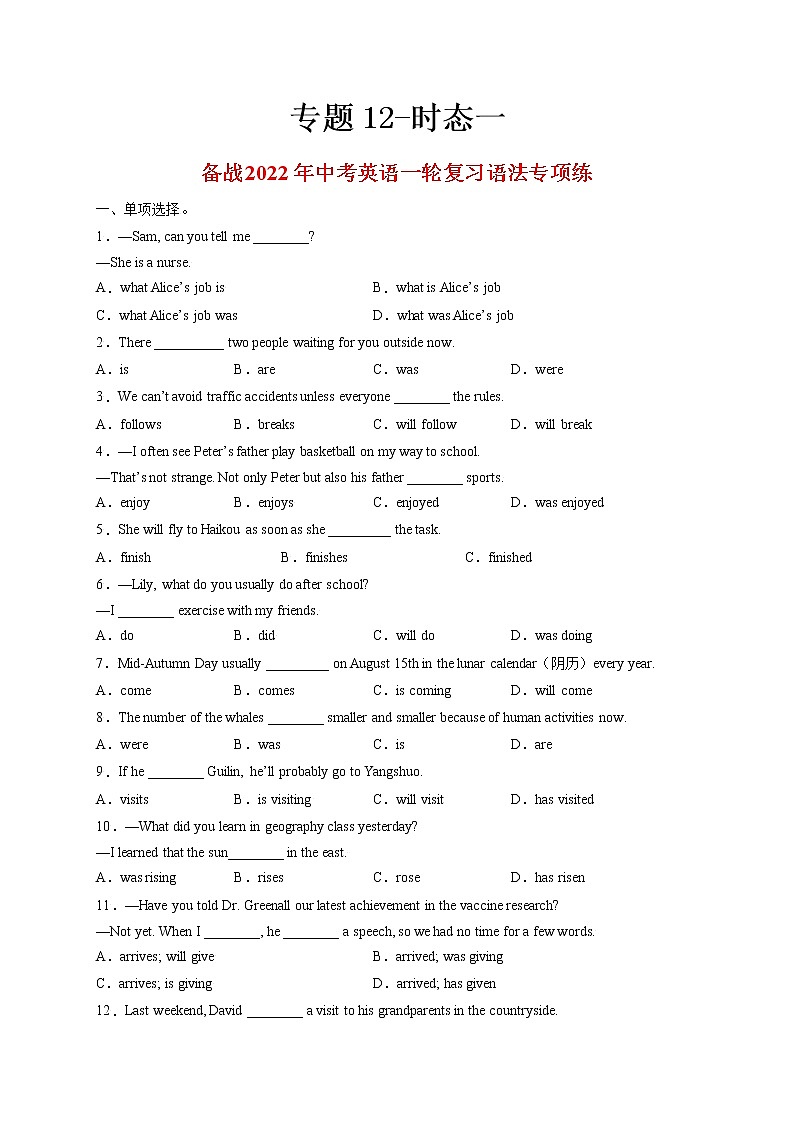 专题12-时态一-备战 中考英语一轮复习语法专项练(全国通用版)01